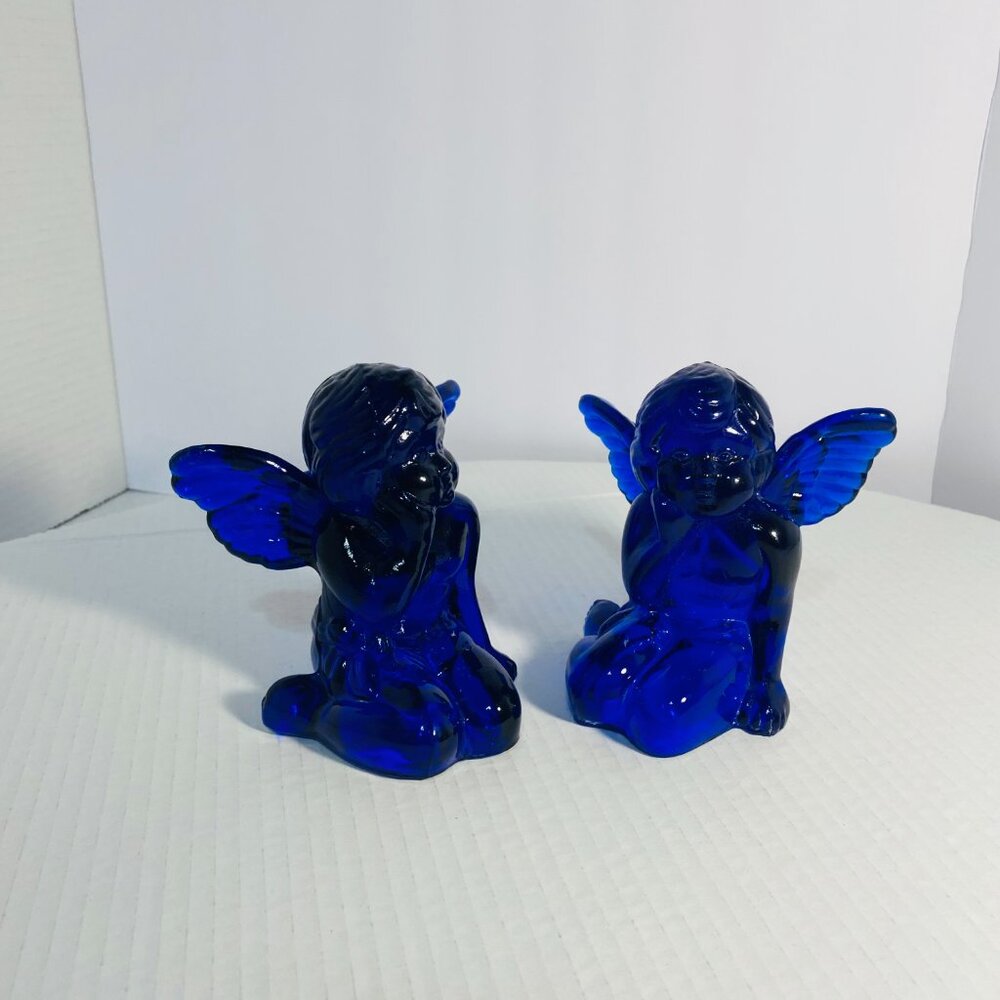 VTG Two Cobalt Blue Glass Sitting Angel Cherub Taper Candle Holders 5"x 5"x 5" - Picture 4 of 17